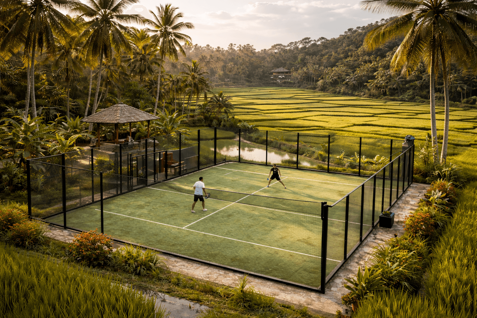 Padel court surrounded by tropical landscape in Bali